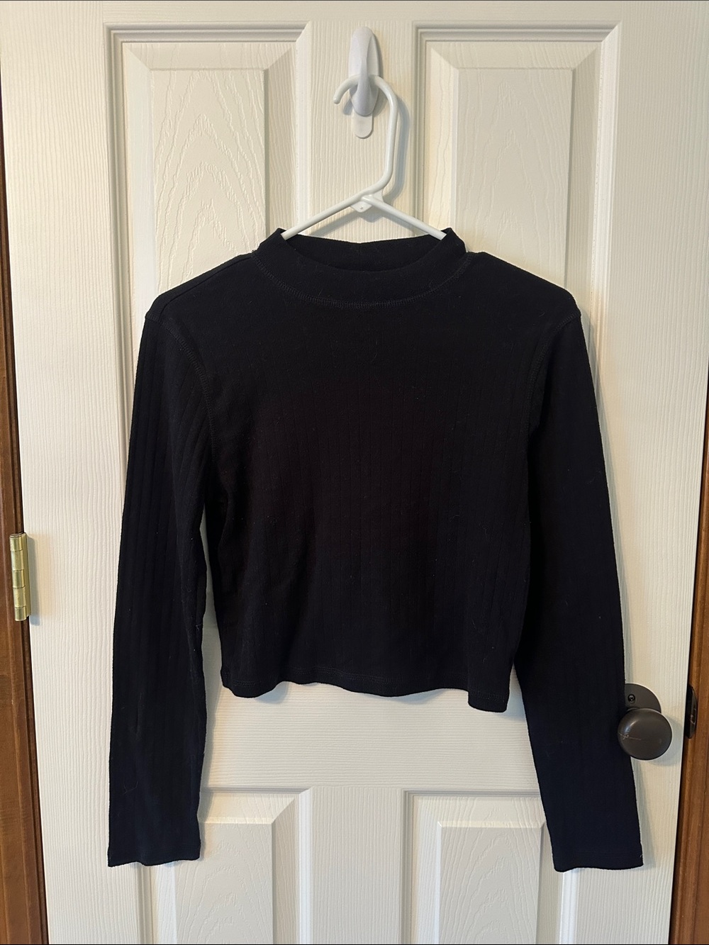 Pink Rose Black Ribbed Long-Sleeve Top